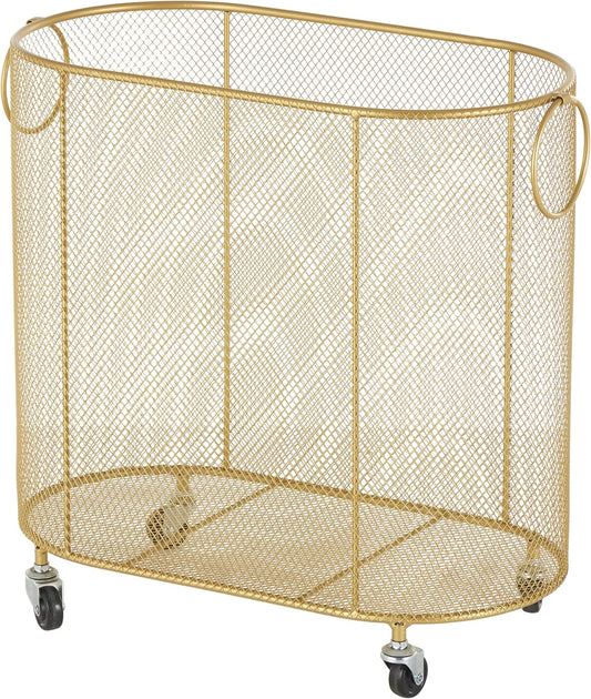 Deco 79 Metal Storage Cart Oval Mesh Wire Rolling Laundry with Ring Handles, 21" x 12" x 21", Gold