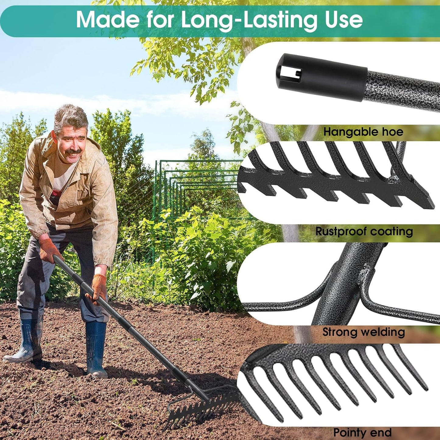 Garden Rake: 49" Metal Garden Leaf Rake with 17 Tines, Heavy Duty Bow Rakes for Lawn Yard Leaves Debris Mulch Gravel Thatch Clean,Lawn Care Gardening Landscaping