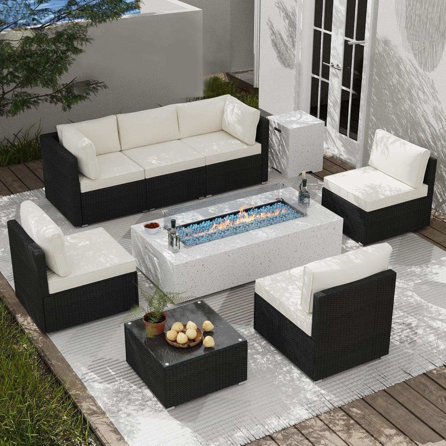 8 Piece Patio Furniture Set - Outdoor Conversation Sets with 56" Fire Table and Coffee Table, Rattan Modular Sofa Set for Garden/Poolside, Beige/Black