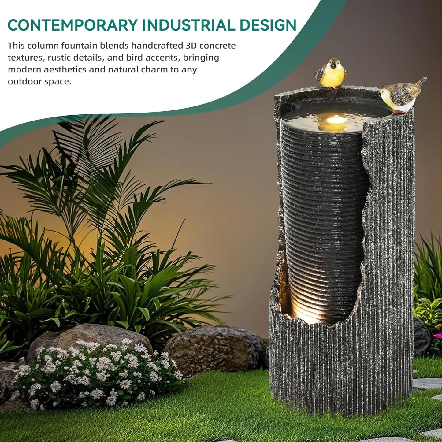 32" Rustic Cracked Jar Water Fountain Outdoor with LED Lights, Polyresin Freestanding Waterfall Feature, Tranquil Oasis for Garden, Patio, Yard, or Porch