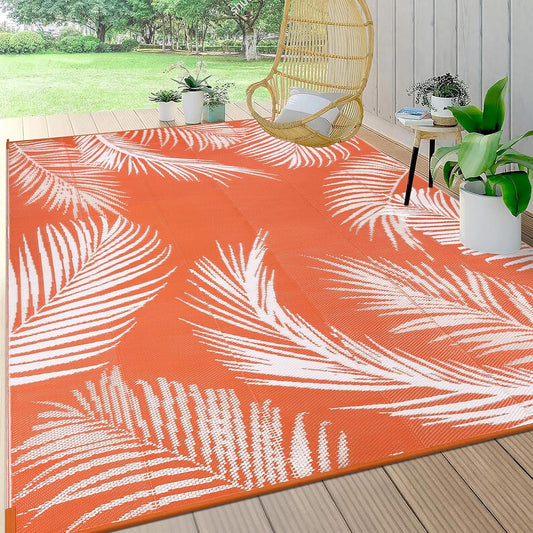 Pauwer Waterproof Outdoor Rug 6x9, Reversible Plastic Straw Patio Camping Rug, Indoor Outdoor RV Mat Carpet for Deck, Camper, Porch, Balcony, Backyard, Picnic, Leaf Orange