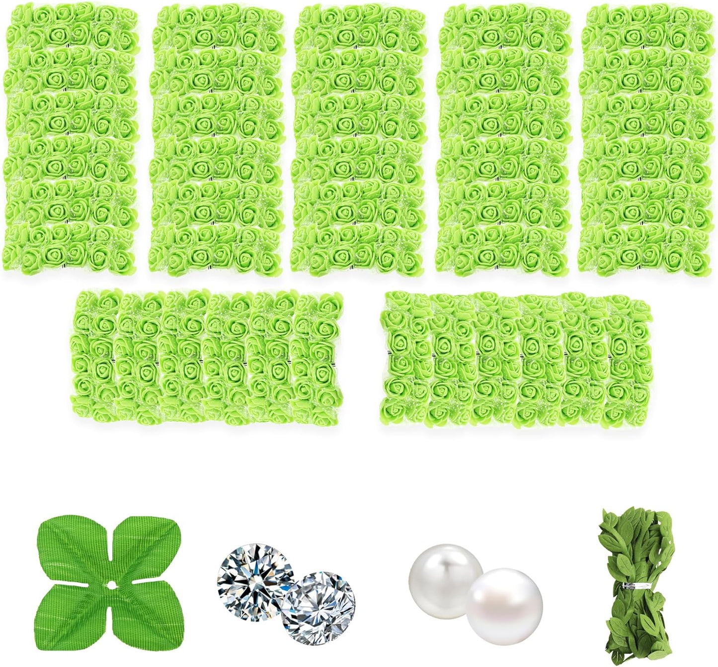 500 Pcs 0.6 Inch Mini Artificial Flowers Head Bulk 5 in 1 Set Faux Foam Fake Small Rose Tiny Baby Flores Bouquet Wreath Gift Hair Clip Home Decoration DIY Craft (Green)