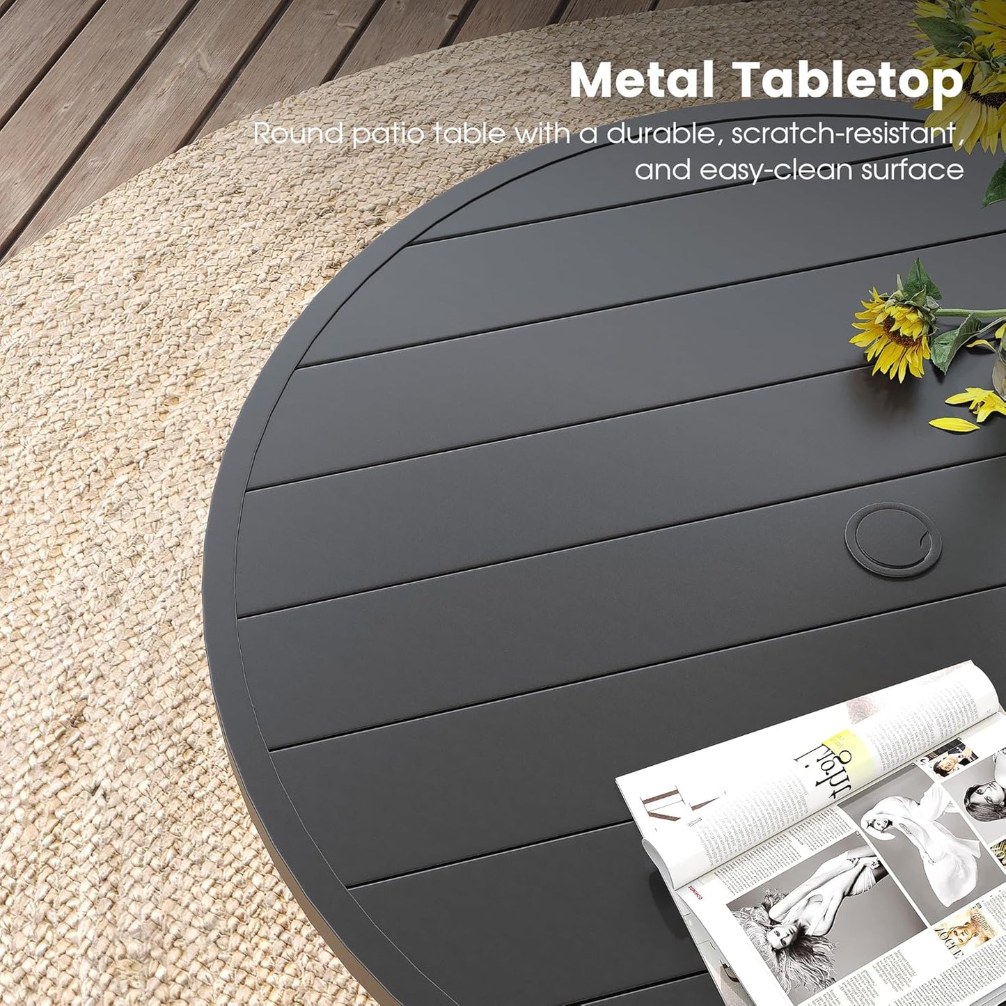 DIFY Outdoor Dining Table for 4, Round Patio Table with Umbrella Hole for Garden, Backyard and Porch (Black)