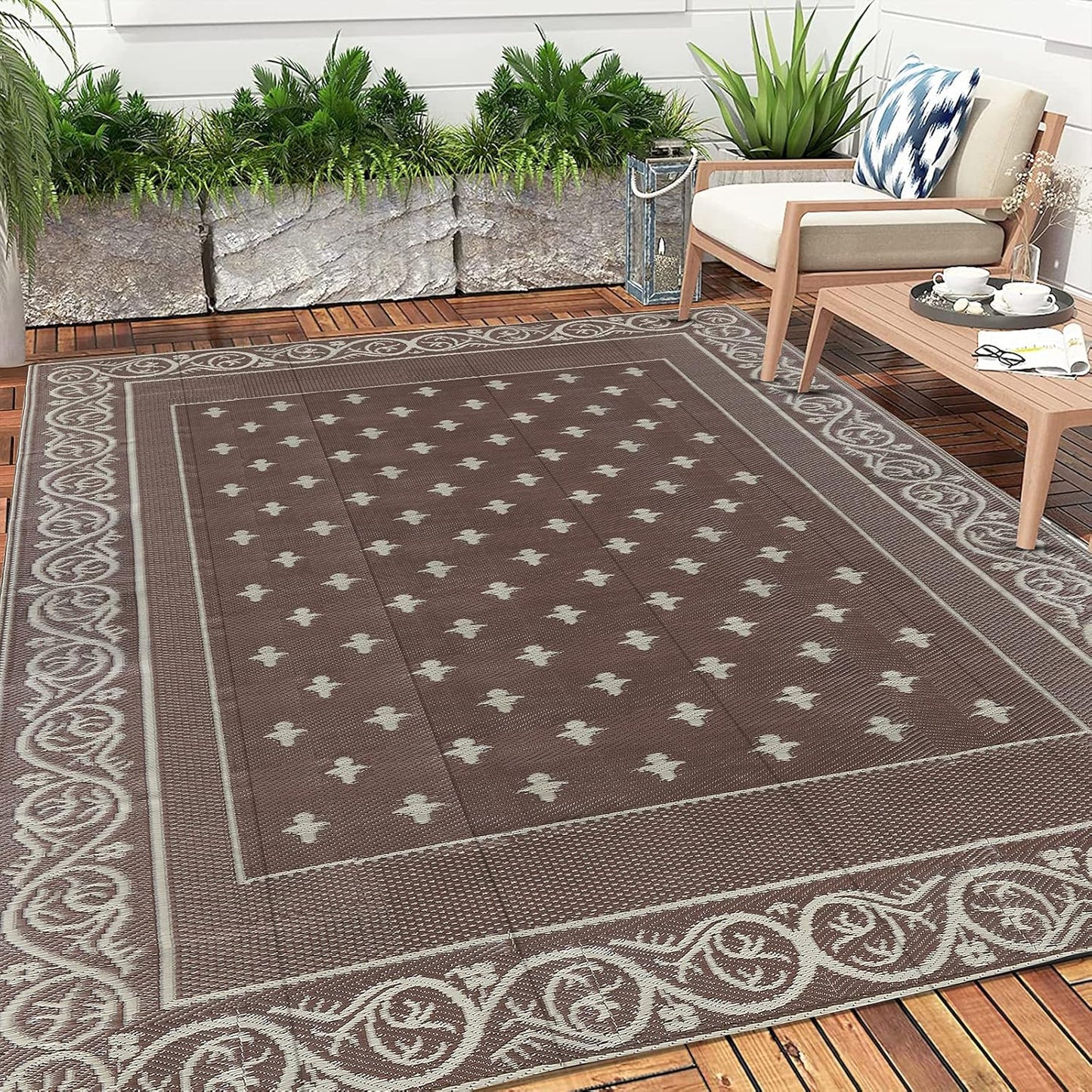 Pauwer 9'x12' Reversible Outdoor Rug, Waterproof Plastic Straw Area Rug for Patios, RV Mat, Camping, Picnic, Beach, Balcony, Pet Friendly, Lightweight