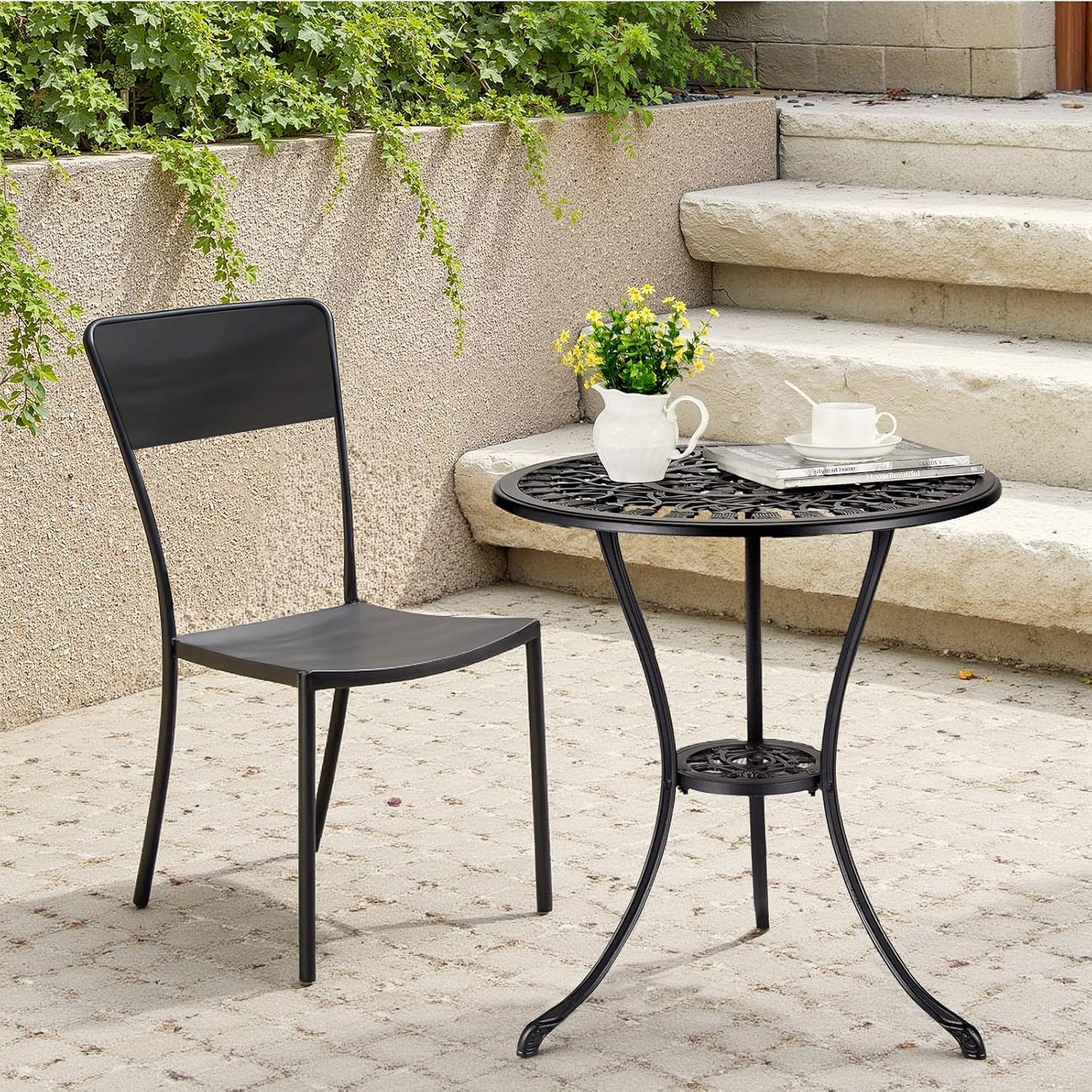 24" Outdoor Round Patio Bistro Table, Cast Aluminum Outdoor Cafe Table with 2 inch Umbrella Hole for Porch,Backyard,Garden, Tulip Pattern, Black