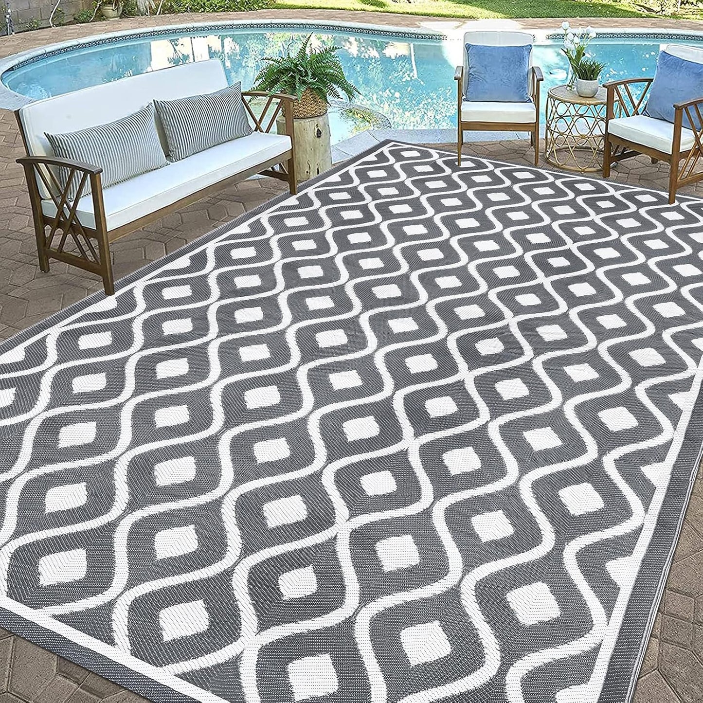 Pauwer Reversible Outdoor Rug, 9'x12', Waterproof, Polypropylene, Moroccan Grey, Area Rug for Patio, RV, Camping, Picnic, Backyard, Deck, Balcony, Porch
