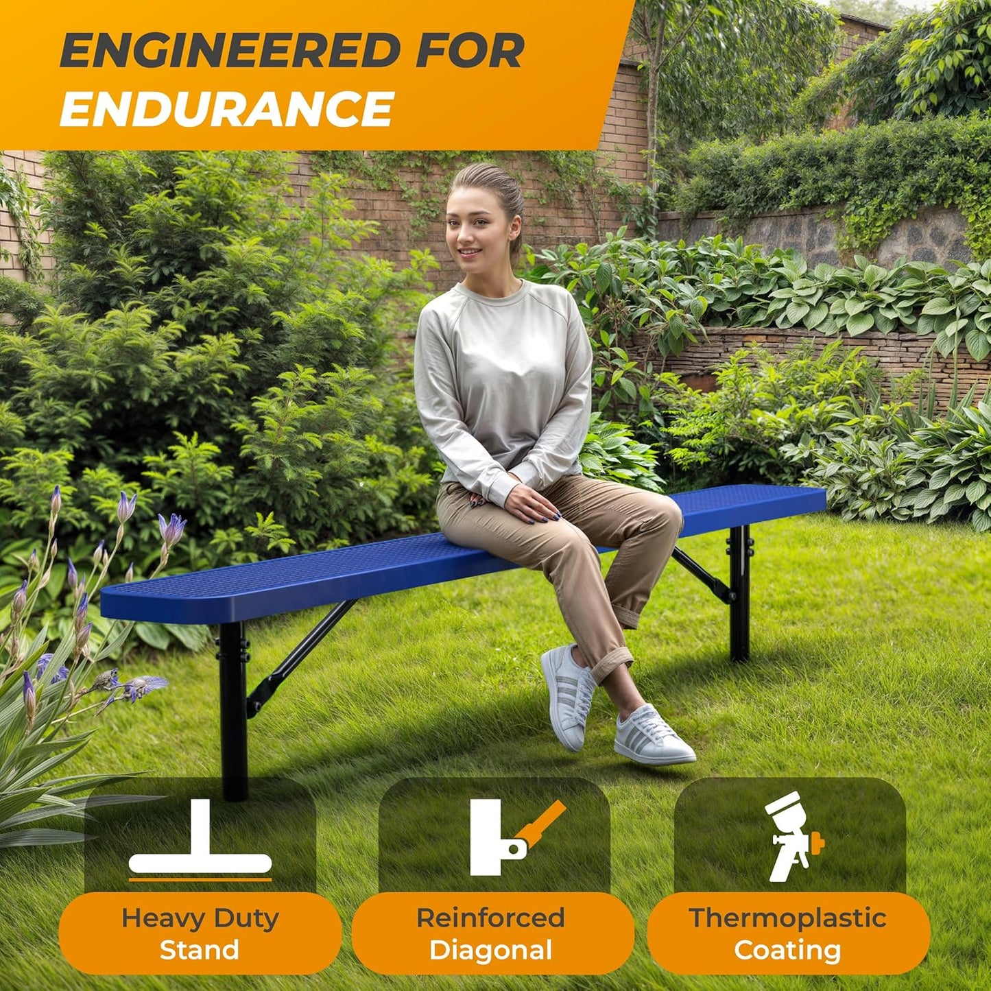 Heavy-Duty Outdoor Metal Bench, Thermoplastic-Coated, Inground, Weatherproof, Commercial-Grade for Parks, Gardens, Patios, Stores & More (8 Ft - Inground, Blue)