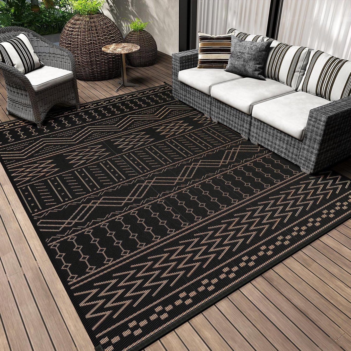 COCOER Outdoor Rug Carpet Waterproof 9x12 ft Patio Rug Mat Indoor Outdoor Area Rug for RV Camping Picnic Reversible Lightweight Plastic Straw Outside Rug for Patio Decor Decoration Boho Rug