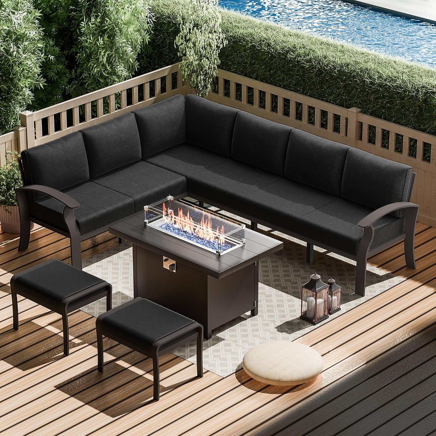 Aluminum Patio Furniture Set with Fire Pit Table, 8 Seats Outdoor Patio Conversation Set Modern Metal Patio Sectional Sofa w/5.1" Upgrade Cushions for Porch, Patio, Backyard(Dark Grey).