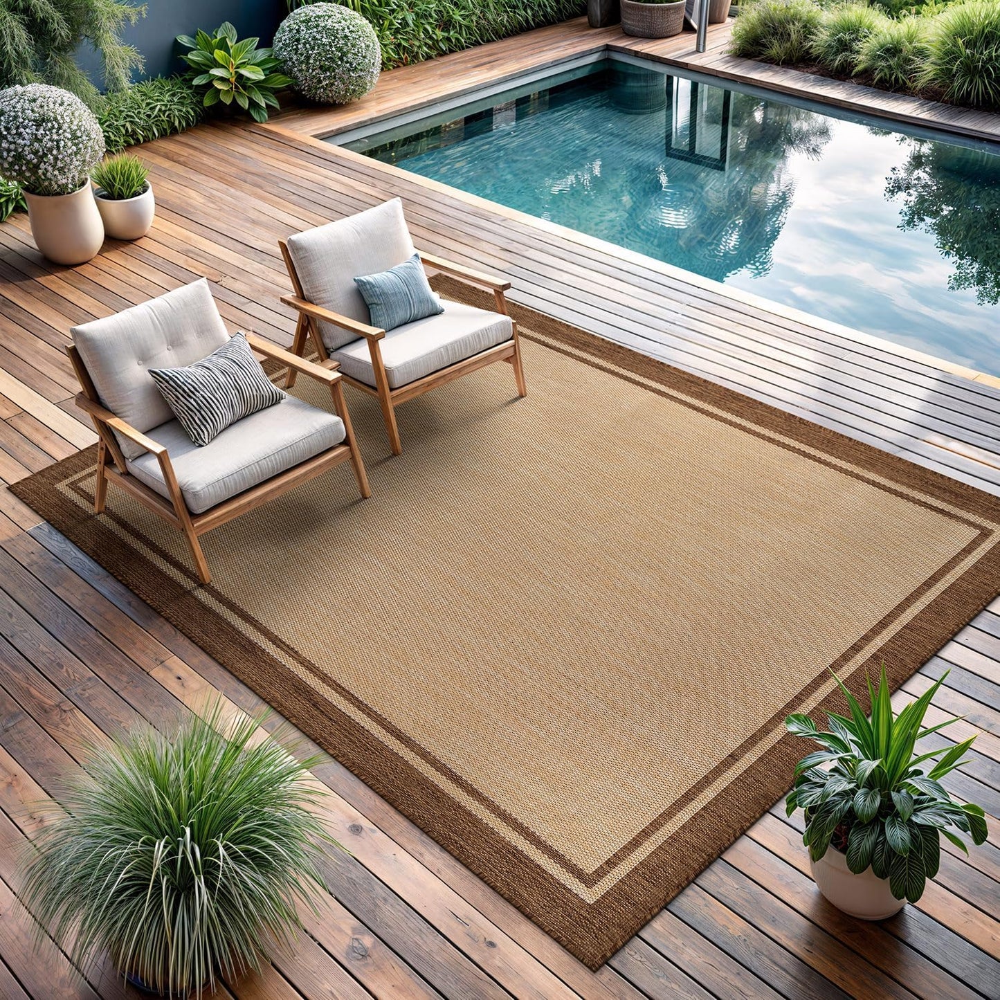 CAMILSON Indoor Outdoor Rug, 10x14 Bordered Natural Brown Modern Large Area Rugs for Indoor and Outdoor Patios, Kitchen and Hallway Mats, Washable Porch Deck Outside Carpet (Jute, 10 x 14)