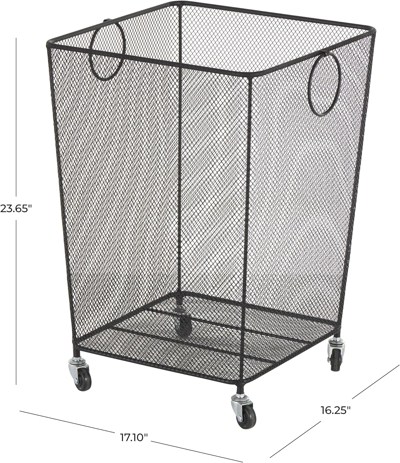 Deco 79 Metal Storage Basket Square Mesh Wire Rolling Laundry with Ring Handles, 17" x 16" x 24", Black