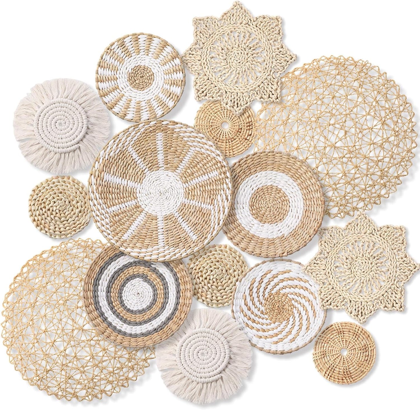 15 Pcs Boho Wall Basket Decor Woven Rattan Seagrass Wall Decor Hanging Rustic Farmhouse Western Art Decoration for Nursery Living Room Bedroom Home Kitchen(Grey White Style)