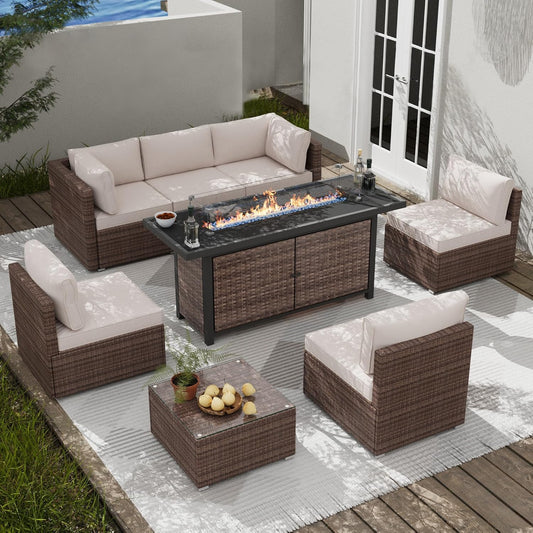 25-Pc Patio Furniture Set - 7 Piece Outdoor Rattan Sofa Set with 57" Fire Table and 17 Accessories, Modular Sofa Set for Garden/Poolside, Beige/Brown