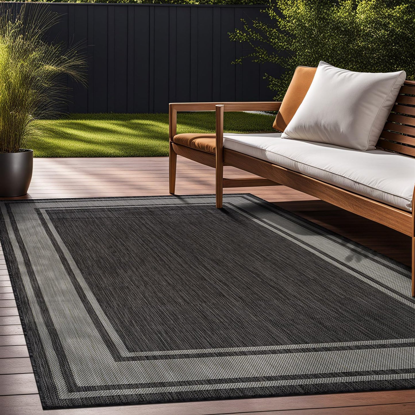 Beverly Rug Large Outdoor Rug 9x12 Modern Bordered Area Rugs for Indoor and Outdoor Patio Deck Porch Garden Waterproof Weather Sun Resistant Washable Outside Carpet (9 x 12 Dark Gray)