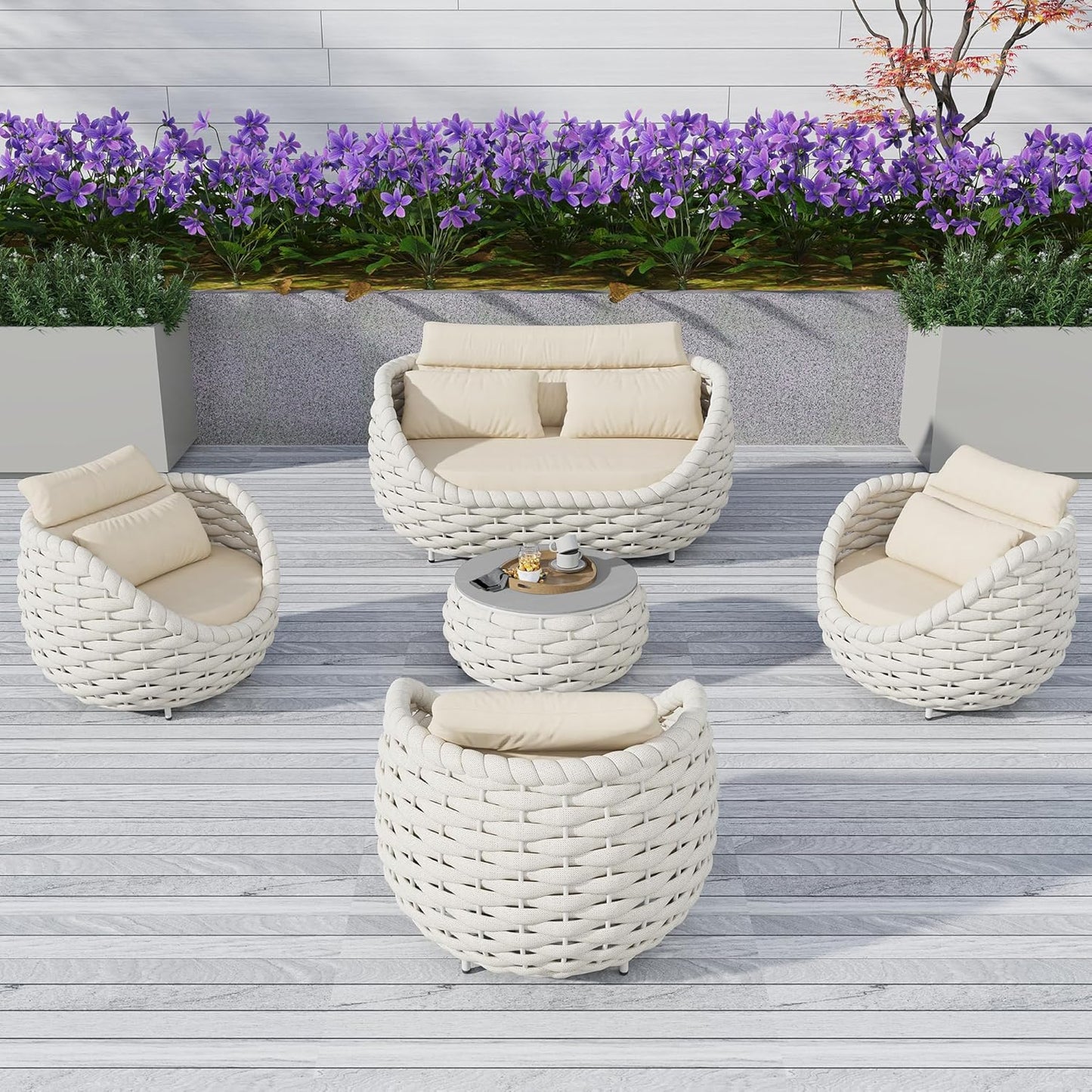 5-Piece Aluminum Patio Furniture Set, Olefin Rope Modern Outdoor Conversation Set Sectional Sofa with Water Repellent Thick Cushions and Coffee Table for Balcony, Garden, Beige