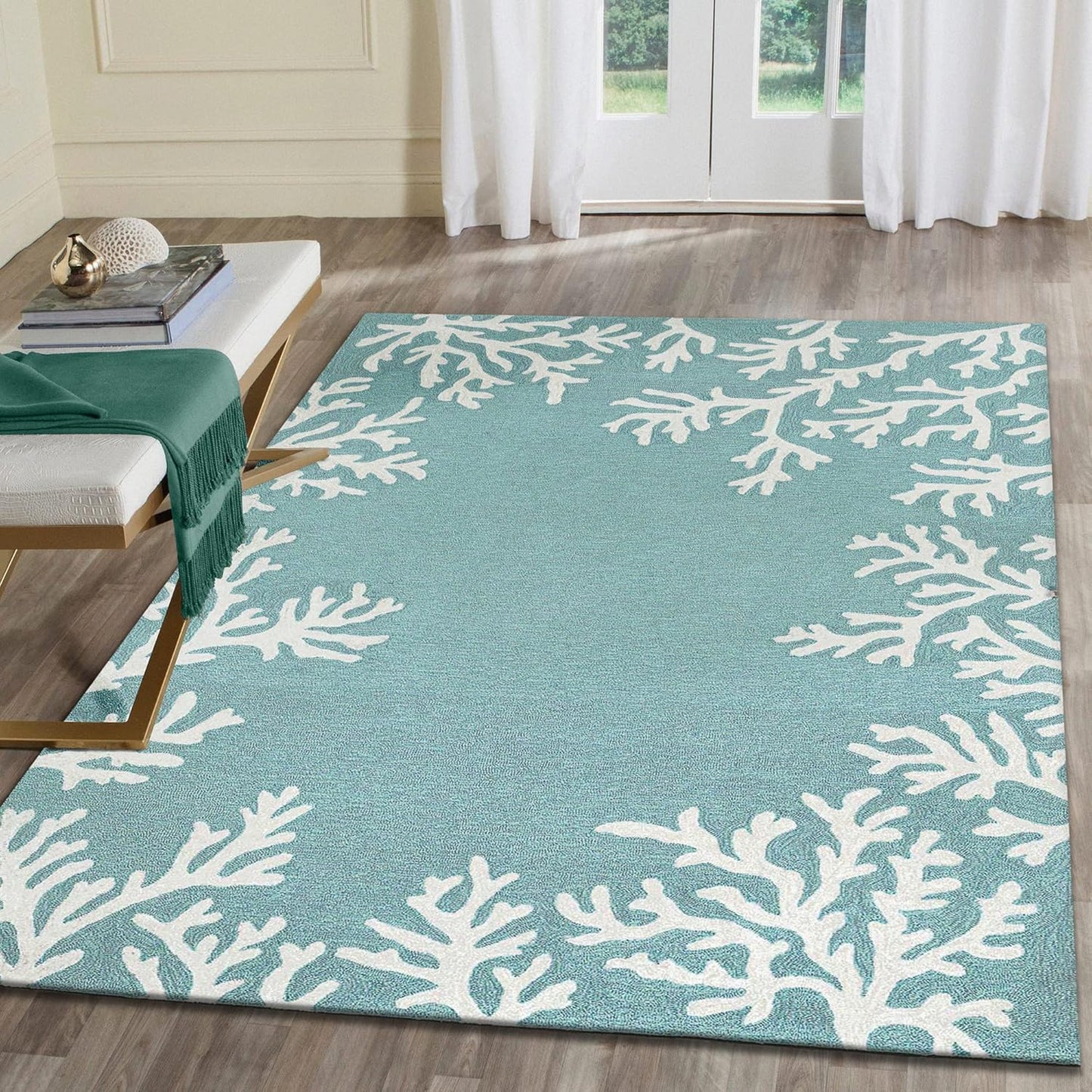 Liora Manne CAPRI Indoor/Outdoor Handmade Synthetic Blend Durable Area Rug - Traditional Border Coastal Beach Accent (Coral Border Aqua) (5' x 7'6")