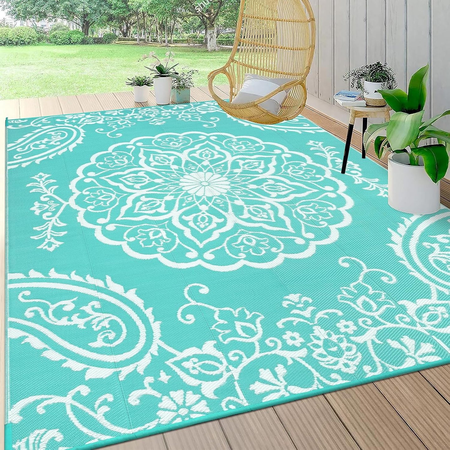 Pauwer Waterproof Outdoor Rug 8x10, Reversible Plastic Straw Patio Camping Rug, Indoor Outdoor RV Mat Carpet for Deck, Camper, Porch, Balcony, Backyard, Picnic, Boho Light Blue