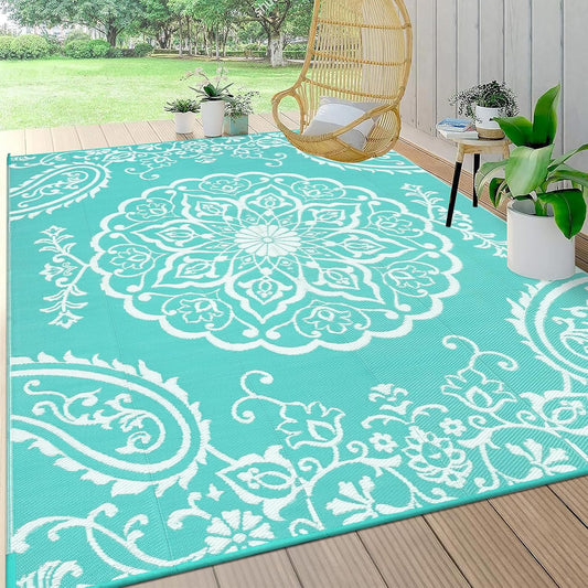 Pauwer Waterproof Outdoor Rug 8x10, Reversible Plastic Straw Patio Camping Rug, Indoor Outdoor RV Mat Carpet for Deck, Camper, Porch, Balcony, Backyard, Picnic, Boho Light Blue