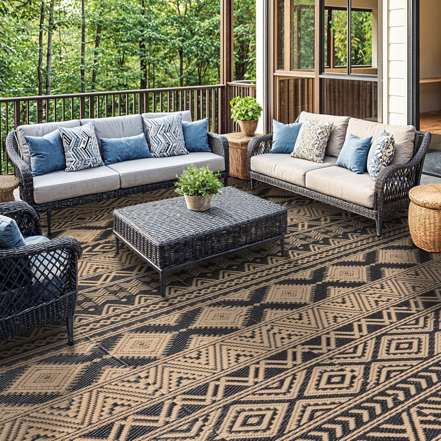 8'x10' Reversible Outdoor Rug - Eco-Friendly Plastic Straw Rug-Heavy-Duty Waterproof Mat, UV & Fade Resistant for Patio, Camping, RV, Deck, Balcony(8x10,Black&Brown)