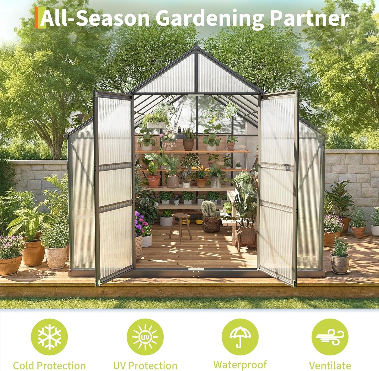 8*14 FT Outdoor Walk-in Greenhouse, Polycarbonate Green House, Heavy Duty Greenhouse with Vented Roof Window, Windproof Aluminum Frame, Suitable for Outside Gardening, Backyard, Patio
