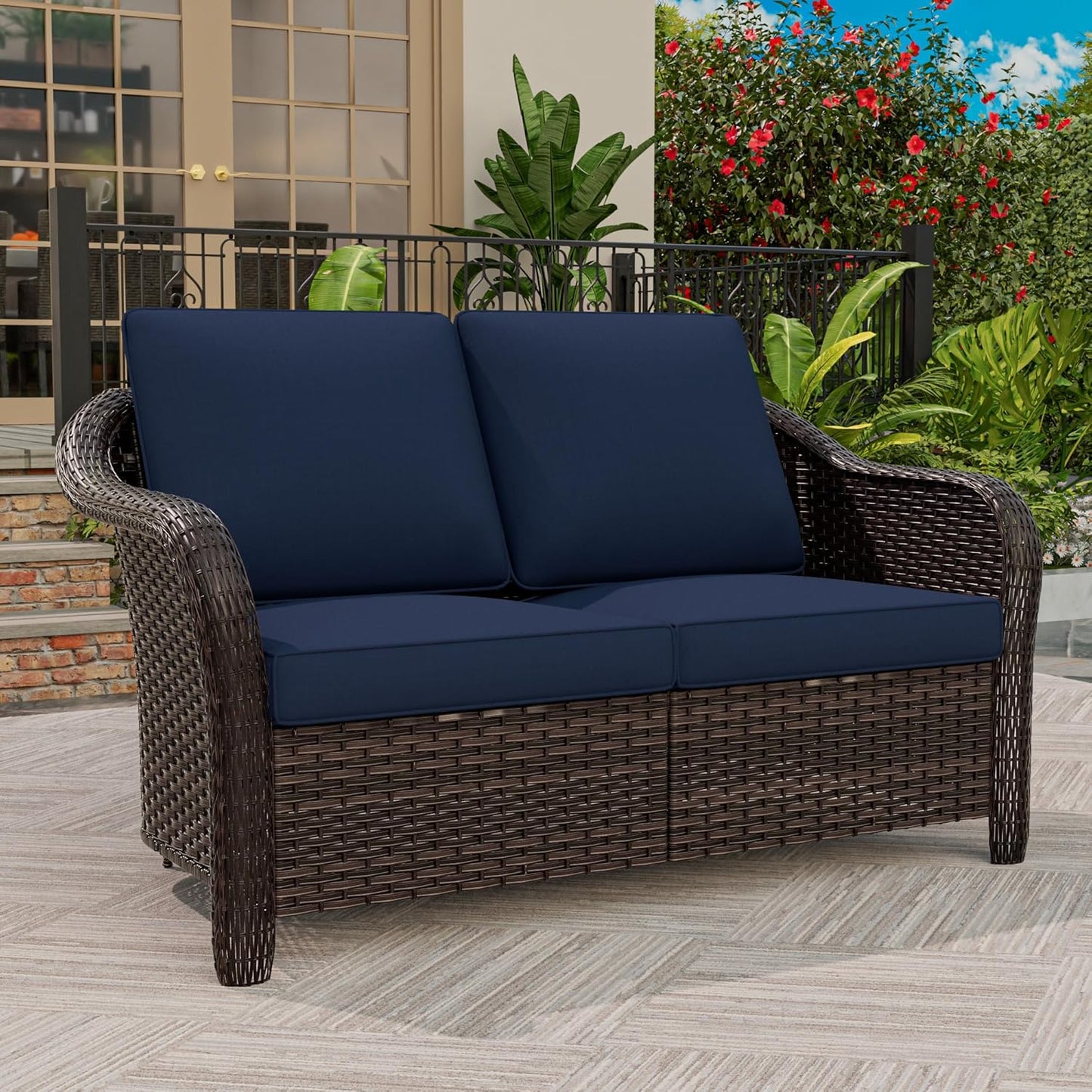 55 inch Outdoor Wicker 2 Seater Sofa, All-Weather Use Patio Rattan Loveseat with Seat and Back Cushion, Ideal for Porch, Backyard, Balcony, Poolside, Blue