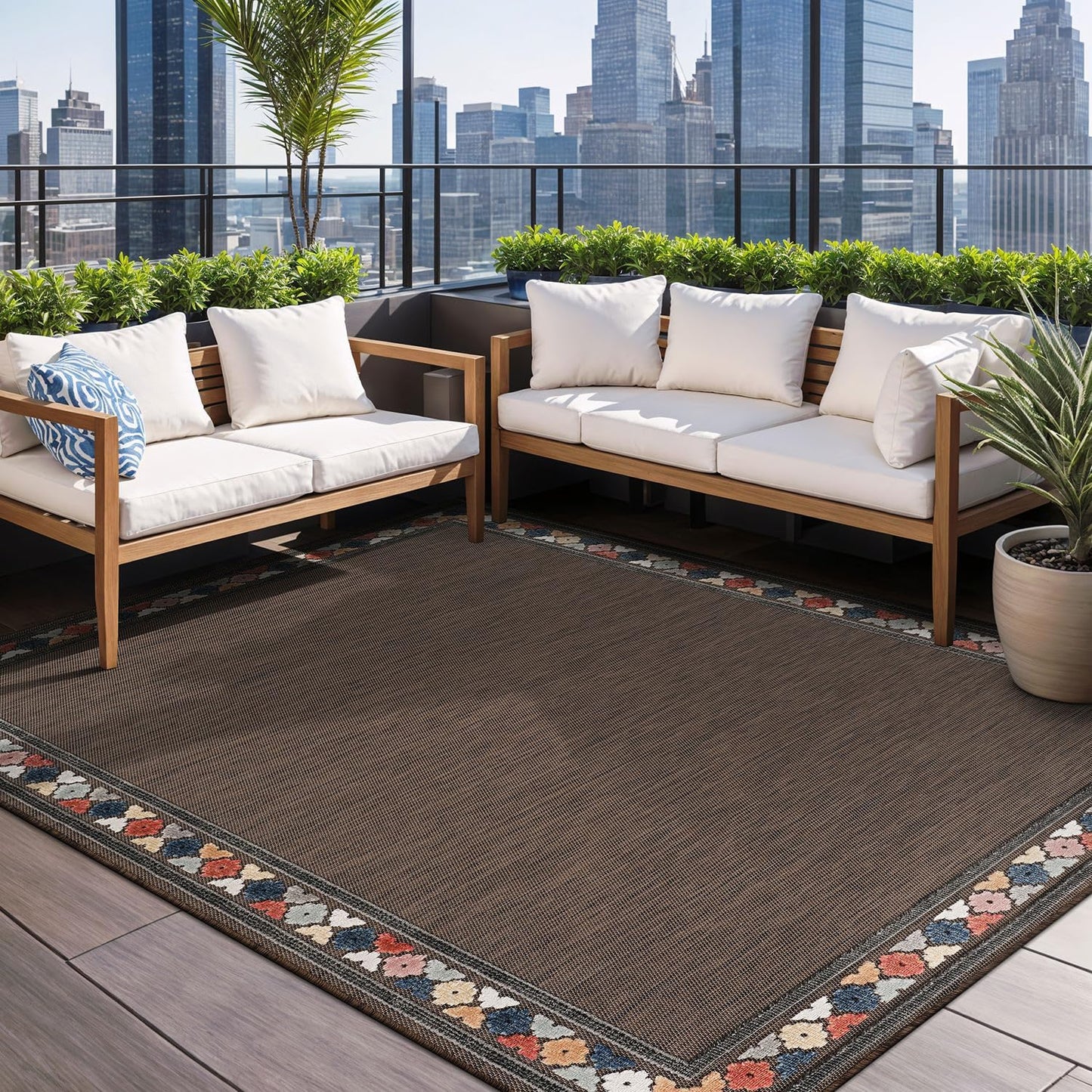 Beverly Rug Outdoor Rug 9x12 Modern Bordered Large Area Rugs for Indoor and Outdoor Patio Easy to Clean Non Shedding Living Room Porch Garden Washable Outside Carpet (9 x 12 Brown)