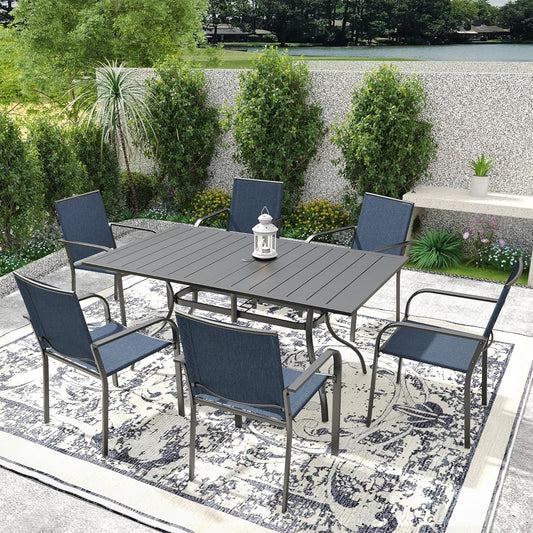 7-Piece Outdoor Patio Dining Set, 6 Stackable Patio Outoor Chairs & Rectangular Dining Table with All Weather Frame Furniture Set - Navy