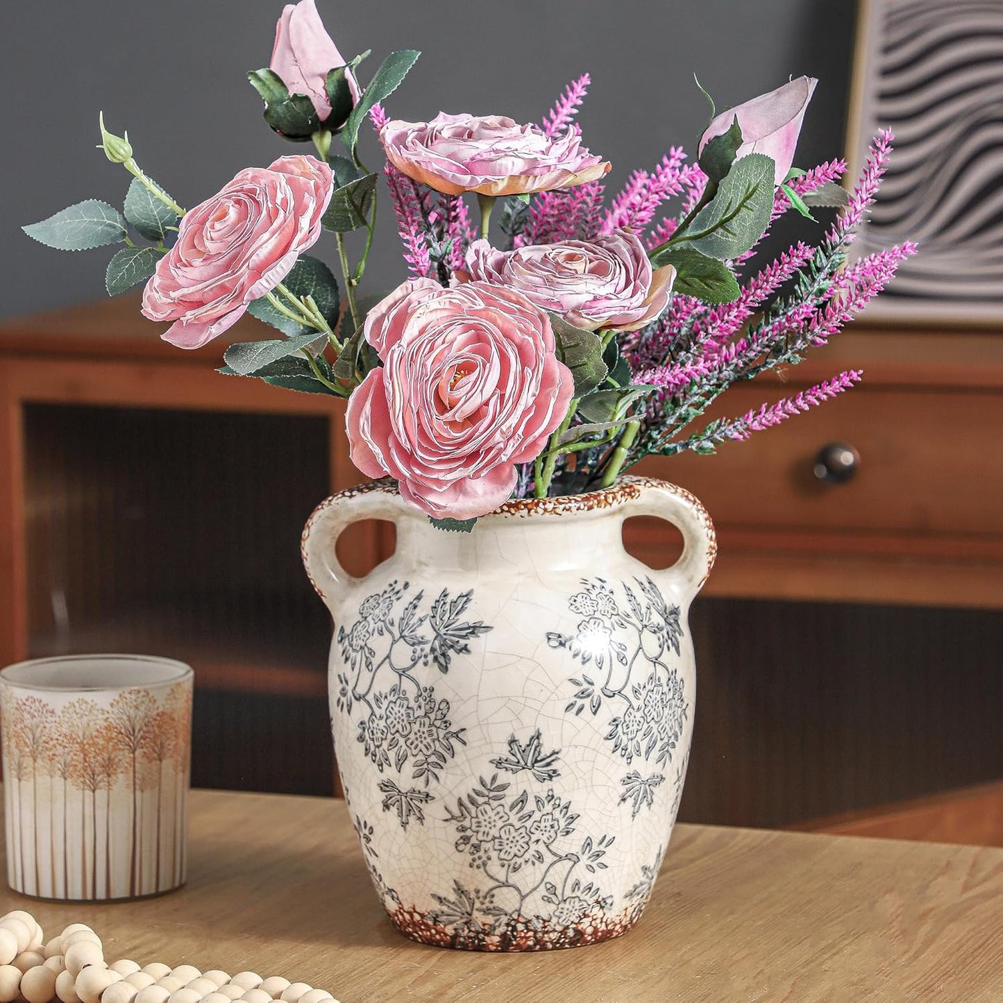 Enra Vintage vase with Handle,Blue and White Ceramic Decorative Flower vase, Chinoiserie Floral Vase,Large Rustic Vases for Home Decors, Living Room, Bookshelf, Office,7.8 in