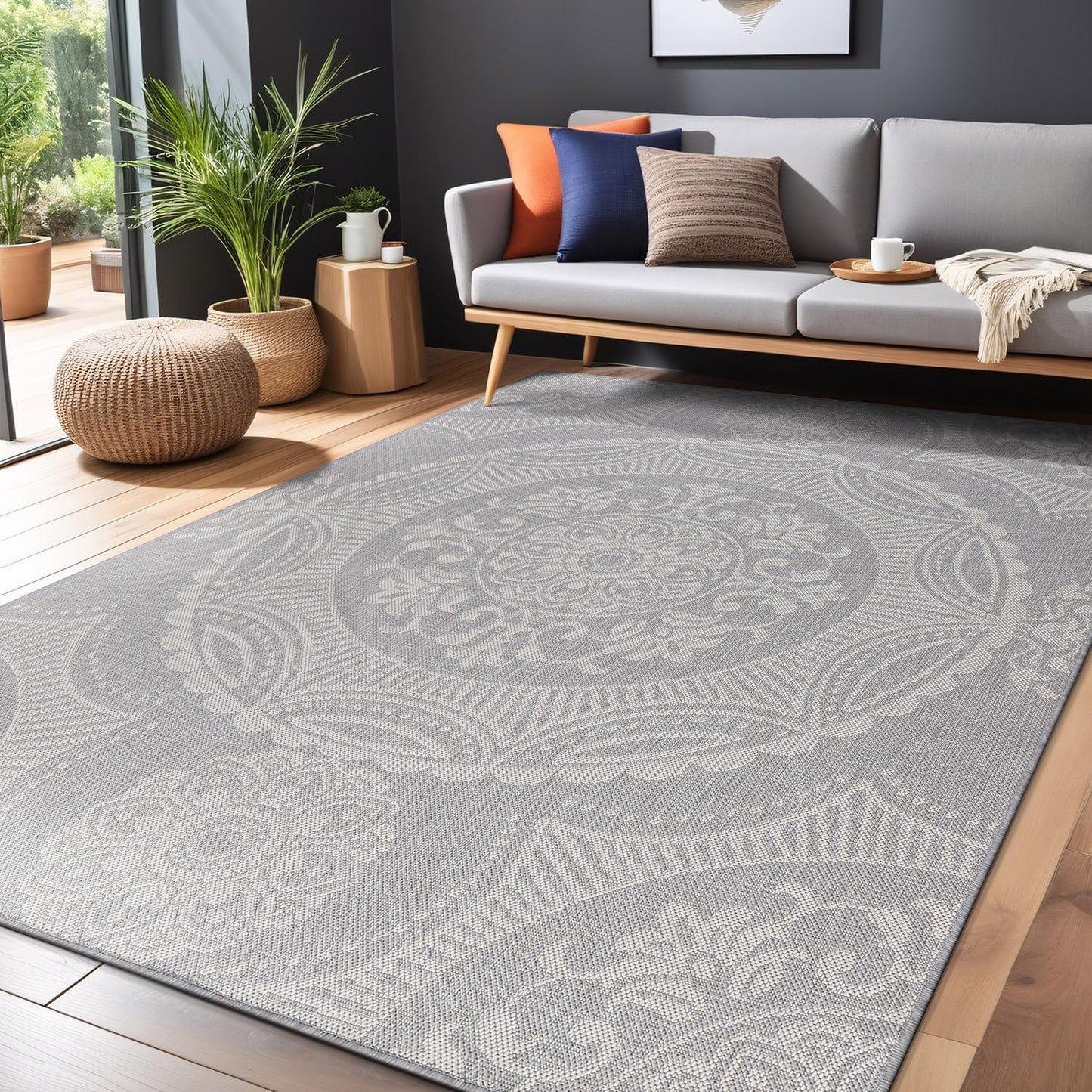 Medallion Outdoor Rug 6x9 Washable Outside Carpet for Indoor Patio Porch Waterproof Easy Cleaning Non Shedding Area Rugs Gray 6 x 9