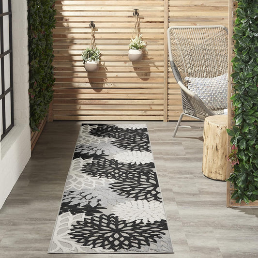 Nourison Aloha Indoor/Outdoor Black White 2'3" x 12' Area Rug, Tropical, Botanical, Easy Cleaning, Non Shedding, Bed Room, Living Room, Dining Room, Deck, Backyard, Patio (2x12)