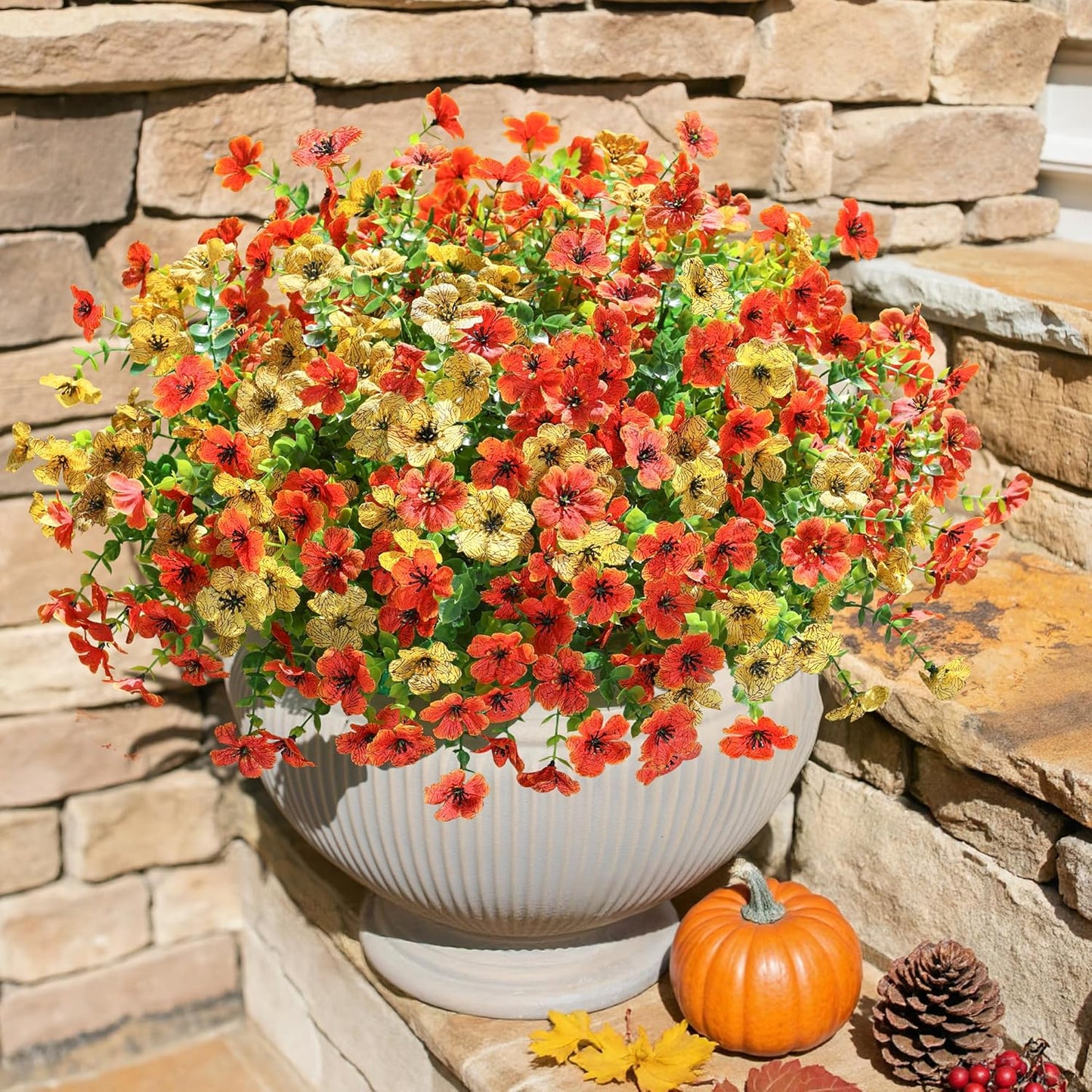 Artificial Fall Flowers Faux Mums for Outdoor Indoor Garden Home Decoration, Faux Flower Daisy with Eucalyptus Leaves Fake Mums Plants Greenery Boxwood Porch Patio, 12 Bundles (OrangeYellow)