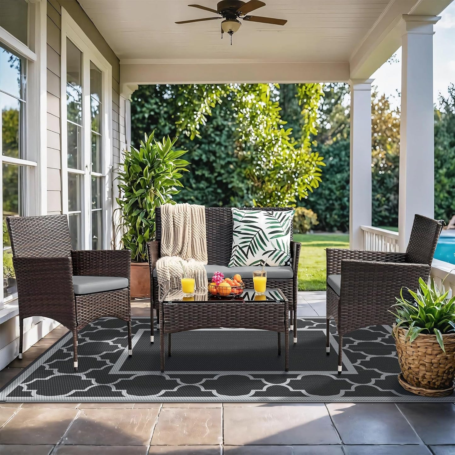 GENIMO 4 ' x 6 ' Outdoor Rug for Patio, Waterproof Indoor Outdoor Plastic Straw Rugs Carpet, Reversible Outside Area Mat for Camping, Balcony Porch, Deck, Picnic, Beach Black Grey