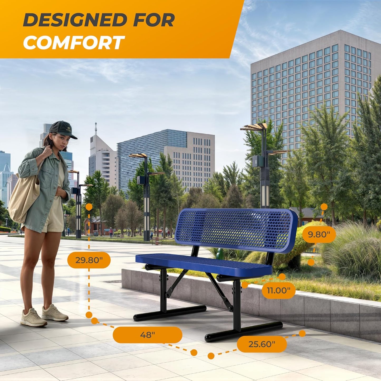 Heavy-Duty Outdoor Metal Bench, Thermoplastic-Coated, Portable, Weatherproof, Commercial-Grade for Parks, Gardens, Patios, Stores & More (4 Ft - Portable with Back, Blue)