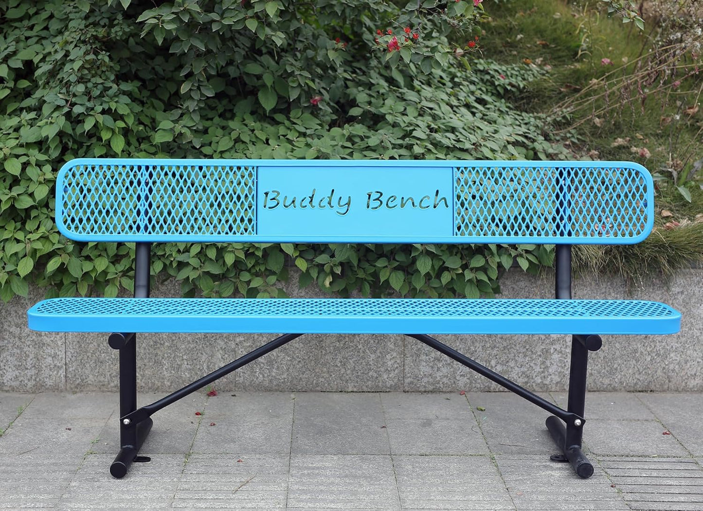 6 Feet Steel Park Bench for Outside, Outdoor Bench with Backrest & Portable Frame, Commercial Benches for Parks, School, Patio, Deck, Store,Blue