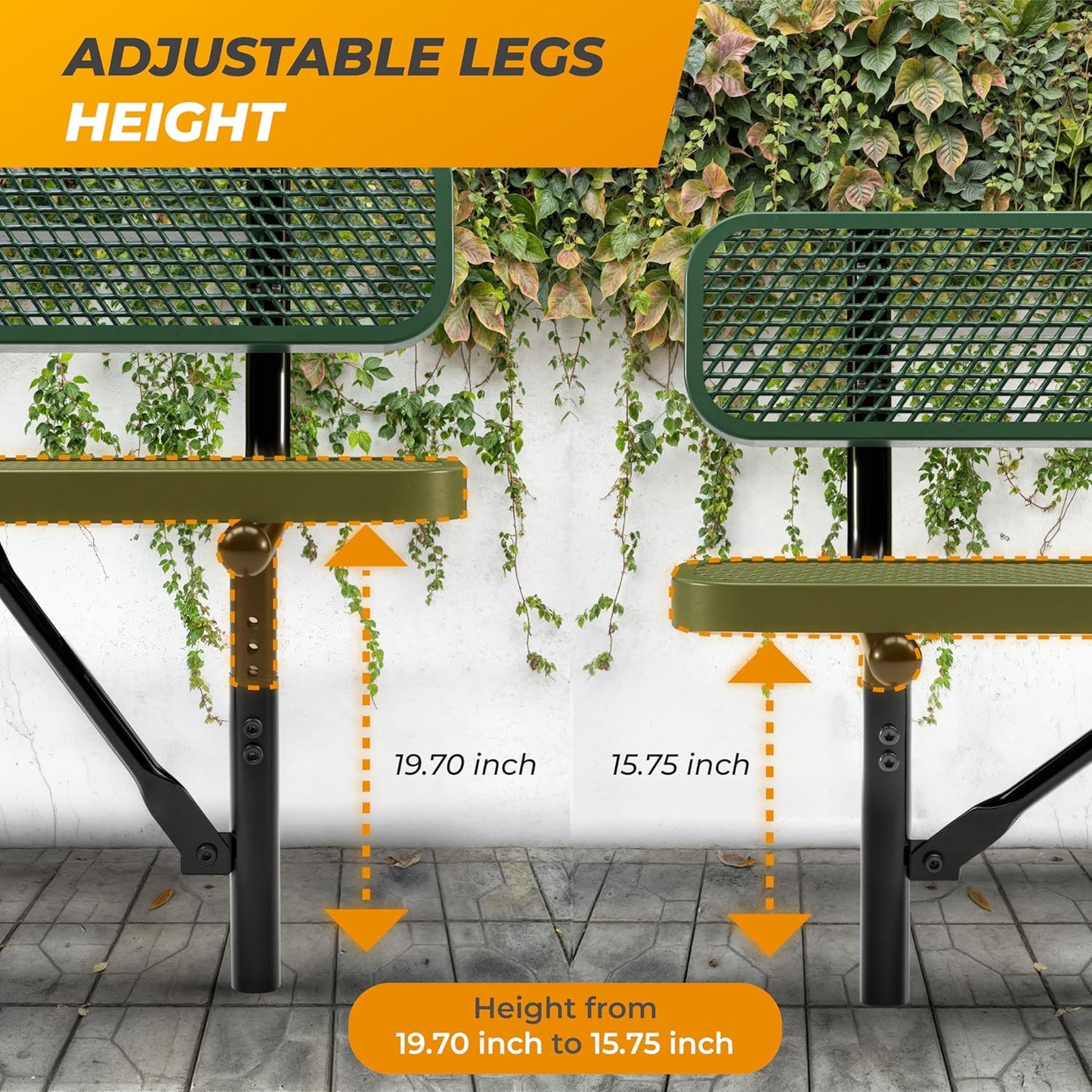 Heavy-Duty Outdoor Metal Bench, Thermoplastic-Coated, Inground, Weatherproof, Commercial-Grade for Parks, Gardens, Patios, Stores & More (6 Ft - Inground with Back, Green)