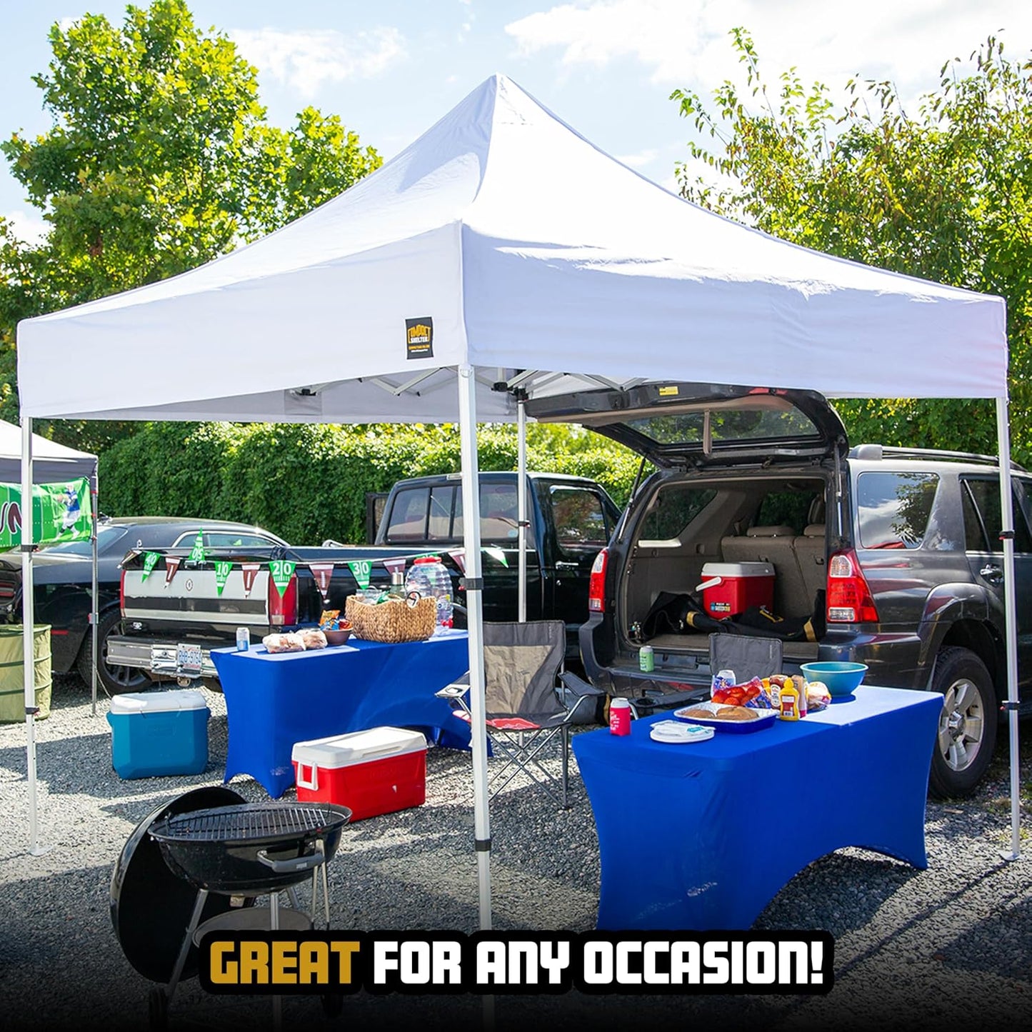 8x8 Heavy Duty Pop Up Canopy by Compact Shelter - EZ Setup, Commercial Grade Aluminum Frame, 42” Folded Frame Height, UPF 50+, Adjustable Portable Tent for Beach, Events, Camping, Roller Bag (White)