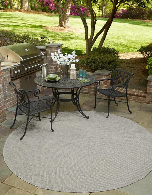Unique Loom Collection Casual Transitional Solid Heathered Indoor/Outdoor Flatweave Area Rug (5' 1" Round, Light Gray/Ivory)