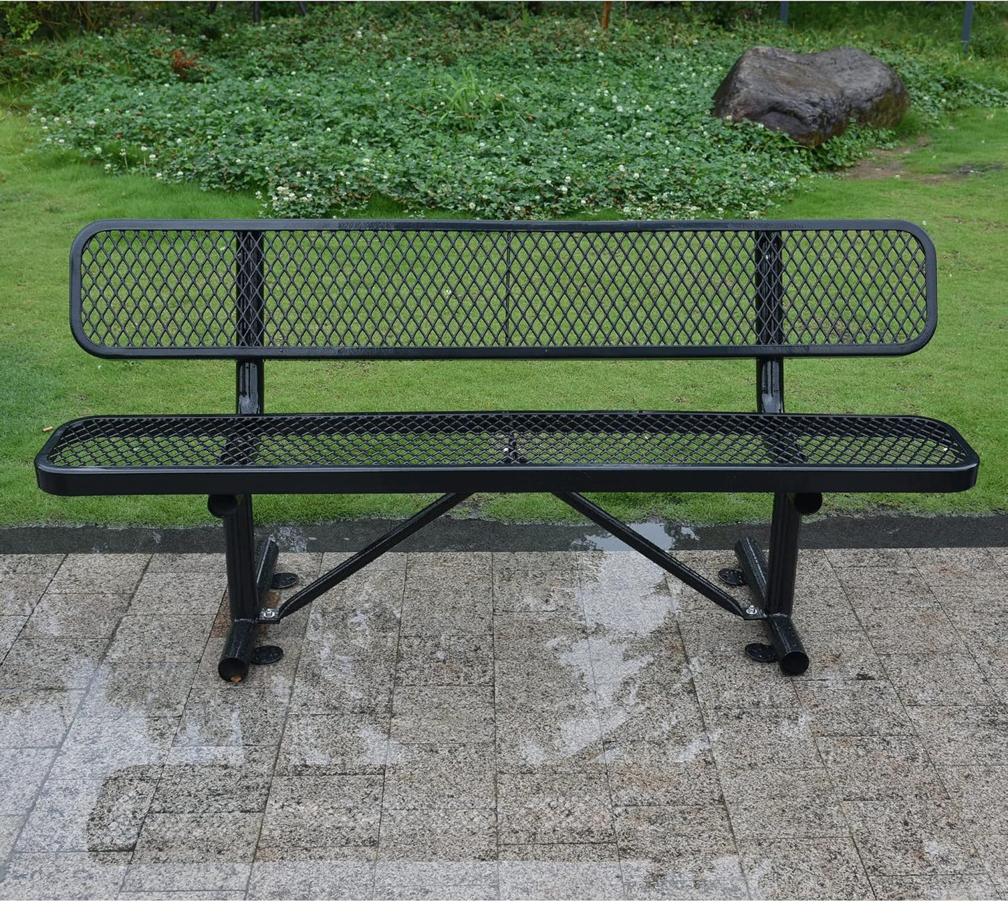 6 FT Heavy Duty Park Bench, Outdoor Metal Black Bench with Back-Commercial Steel Benches for Outside, 2-4 Person Seat-Garden Benches with Portable Frame for Outdoors