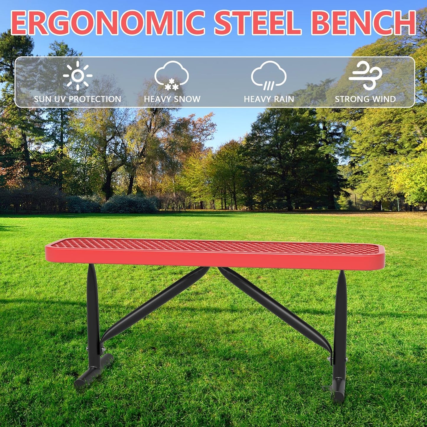 48" L Outdoor Steel Flat Bench, Heavy Duty Metal Park Bench for Outside, Expanded Metal, Commercial Benches Mesh Bench for Shopping Mall, Store, Lawn, Park, Patio, Deck, Garden (Red, 4FT)