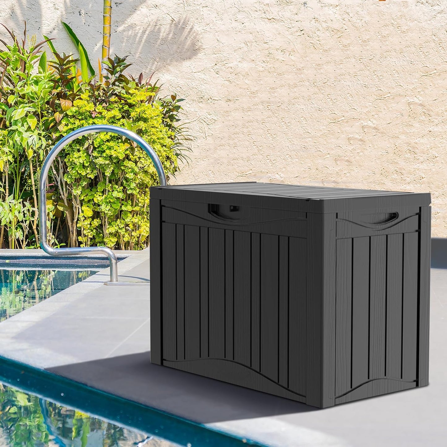 50 Gallon Outdoor Storage Box Waterproof Lockable Resin Deck Box Large, Patio Storage Bin for Pool Accessories Cushion Furniture, Garden Tools, UV-Resistant Outside Delivery Black