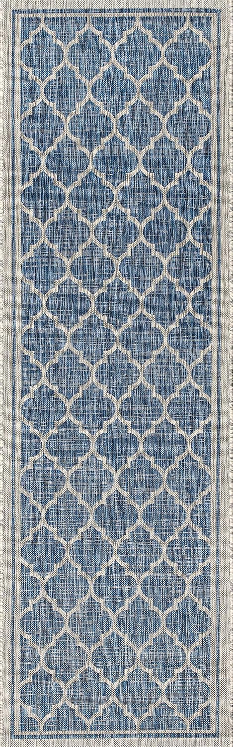 Eyely BMS109D-28 Santa Monica Trebol Moroccan Trellis Textured Weave Indoor/Outdoor Runner Rug Coastal;Bohemian, Bedroom, Backyard, Patio, Easy-Cleaning, Non-Shedding, 2 X 8, Navy/Gray