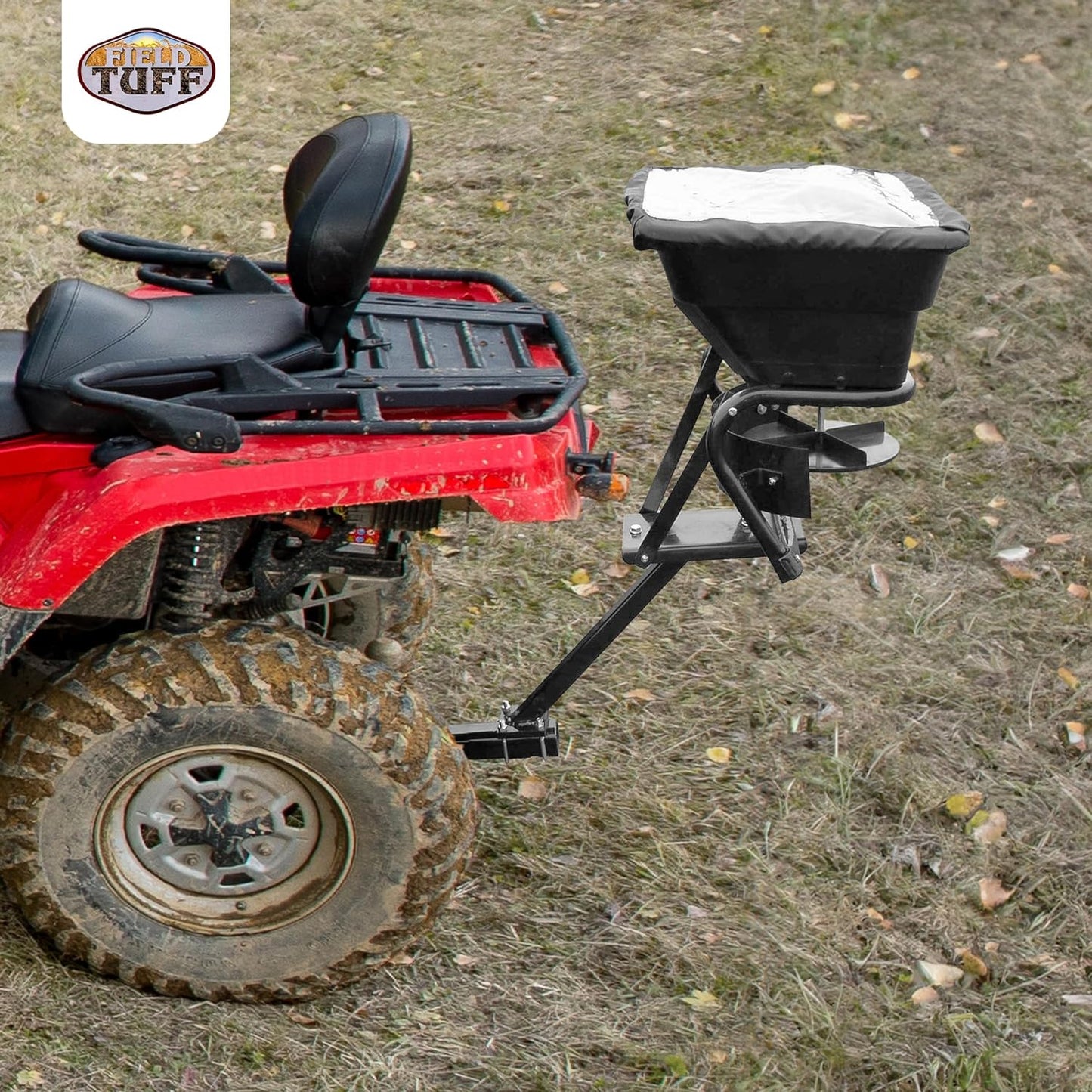 Field Tuff 12V 80 Pound Capacity Grass Seed Fertilizer Spreader with Hitch Mount Receiver and Rain Protector for ATV, UTV, or Utility Tractor