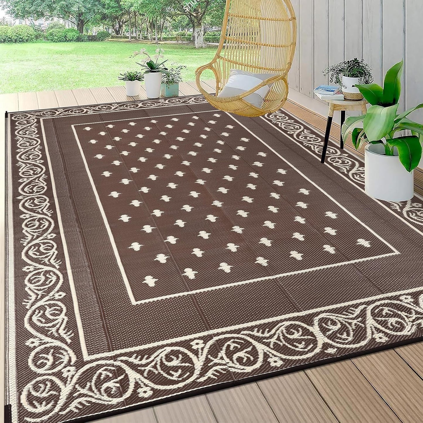 Pauwer Waterproof Outdoor Rug 8x10, Reversible Plastic Straw Patio Camping Rug, Indoor Outdoor RV Mat Carpet for Deck, Camper, Porch, Balcony, Backyard, Picnic, Bordered Brown