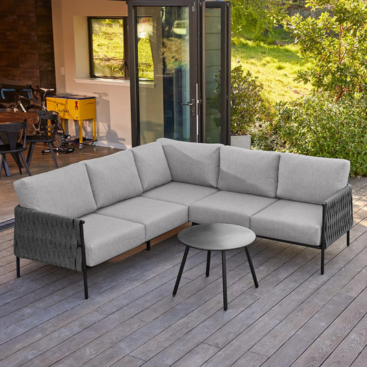 EAST OAK Corner Patio Furniture Set | Life Chatter 5-Seat Outdoor Furniture | Deep Seating Corner Sofa with Round Coffee Table | Extra-Thick & Washable Cushions | Misty Grey