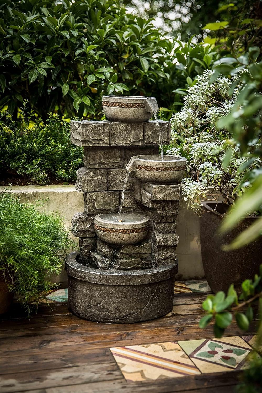 Water Fountian Outdoor - 3 Tiered Bowls Floor Stacked Stone Pump Waterfall Fountain,Provide Flowing Water Feature for Outside Garden,Backyard,Lawn,27 Inch Tall