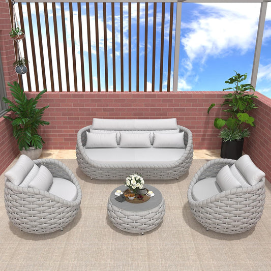 Aluminum Modern Patio Set Three Seater Sofa Outdoor Furniture Set w/Coffee Table,Patio Conversation Set with Hand Woven Teslin Rope for Bedroom Backyard Poolside, Light Grey