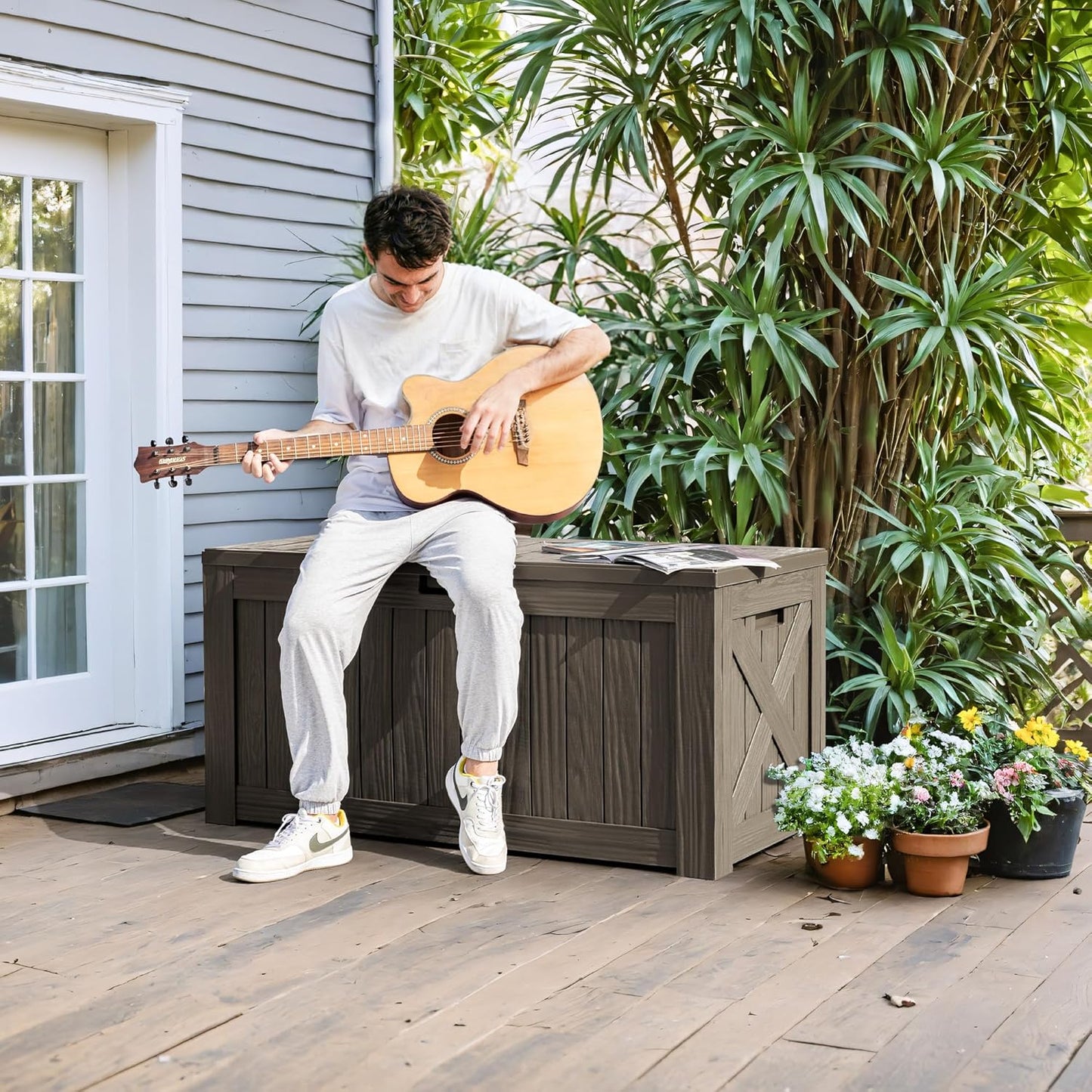 Greesum 120 Gallon Deck Box, Resin Outdoor Storage Container for Patio Furniture, Garden Tools, Pool Accessories, Weatherproof, Lockable, Coffee