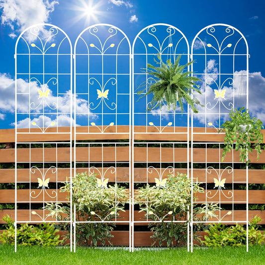 4 Pack Metal Garden Trellis 86.7" White Fence Rustproof Garden Trellis for Climbing Plants Support Roses Flower Outdoor Lawn, Cream White