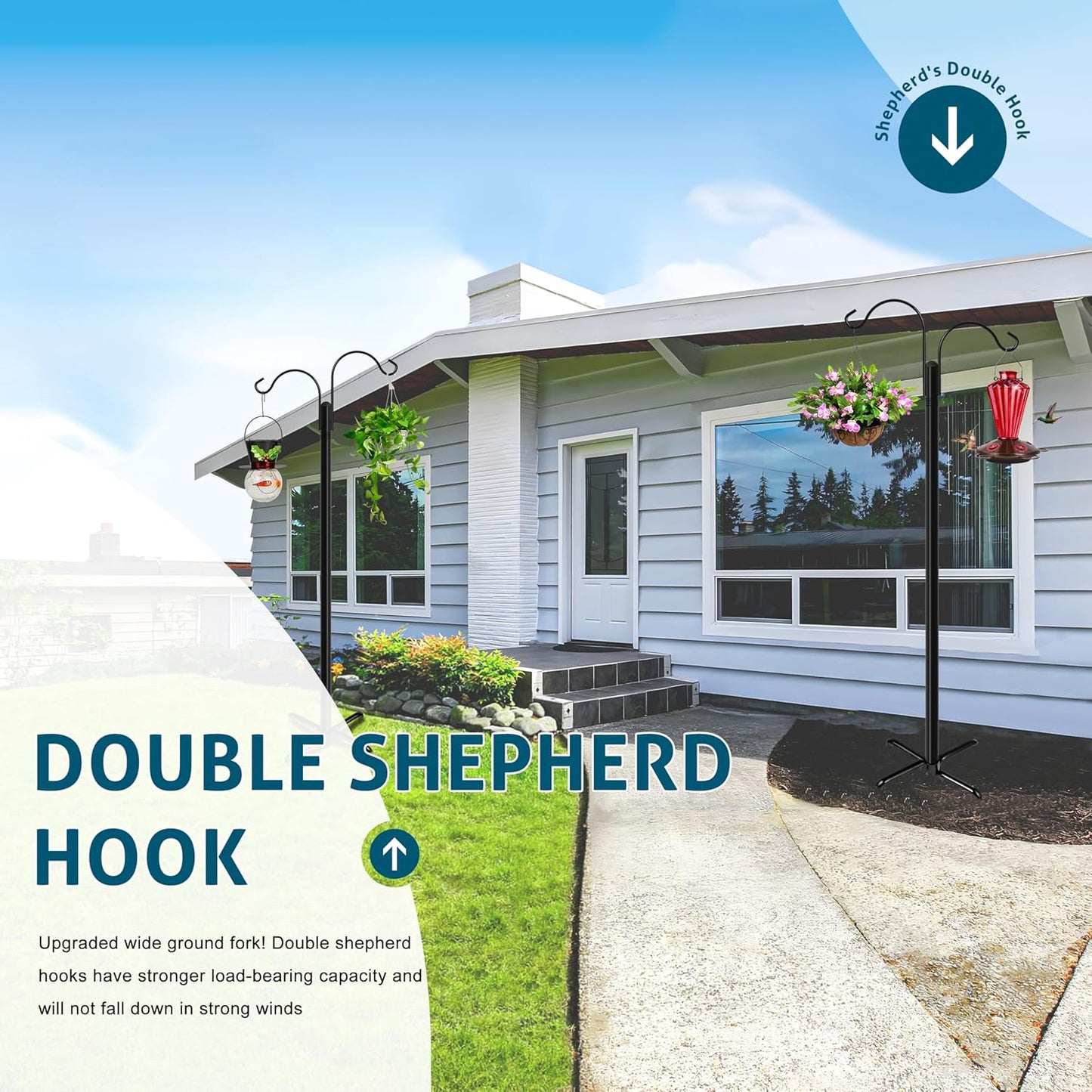 Ottsuls Double Shepherds Hooks for Outdoor, 92 Inch Bird Feeder Pole with 5 Prong Base, Upgrade 1 INCH Thick Heavy Duty Planter Hook for Hanging Baskets, Lantern,1 Pack