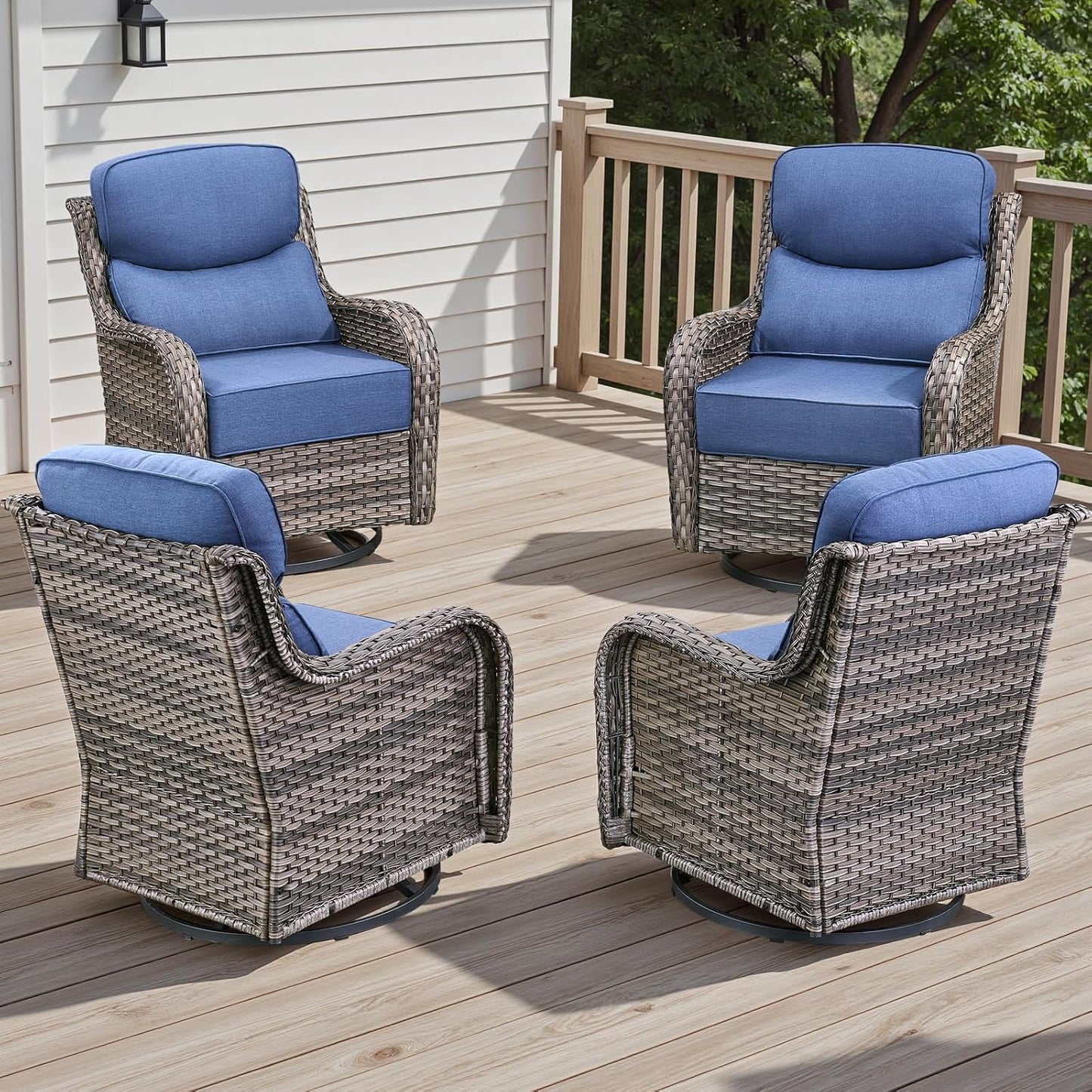 4 Piece Outdoor Patio Swivel Rocker Chairs, Waterproof Wicker, High Back, Deep Seating, Wide Armrest, Upgraded 6 inch Thick Cushions, Ideal for Deck Porch Backyard, Mixed Grey/Blue
